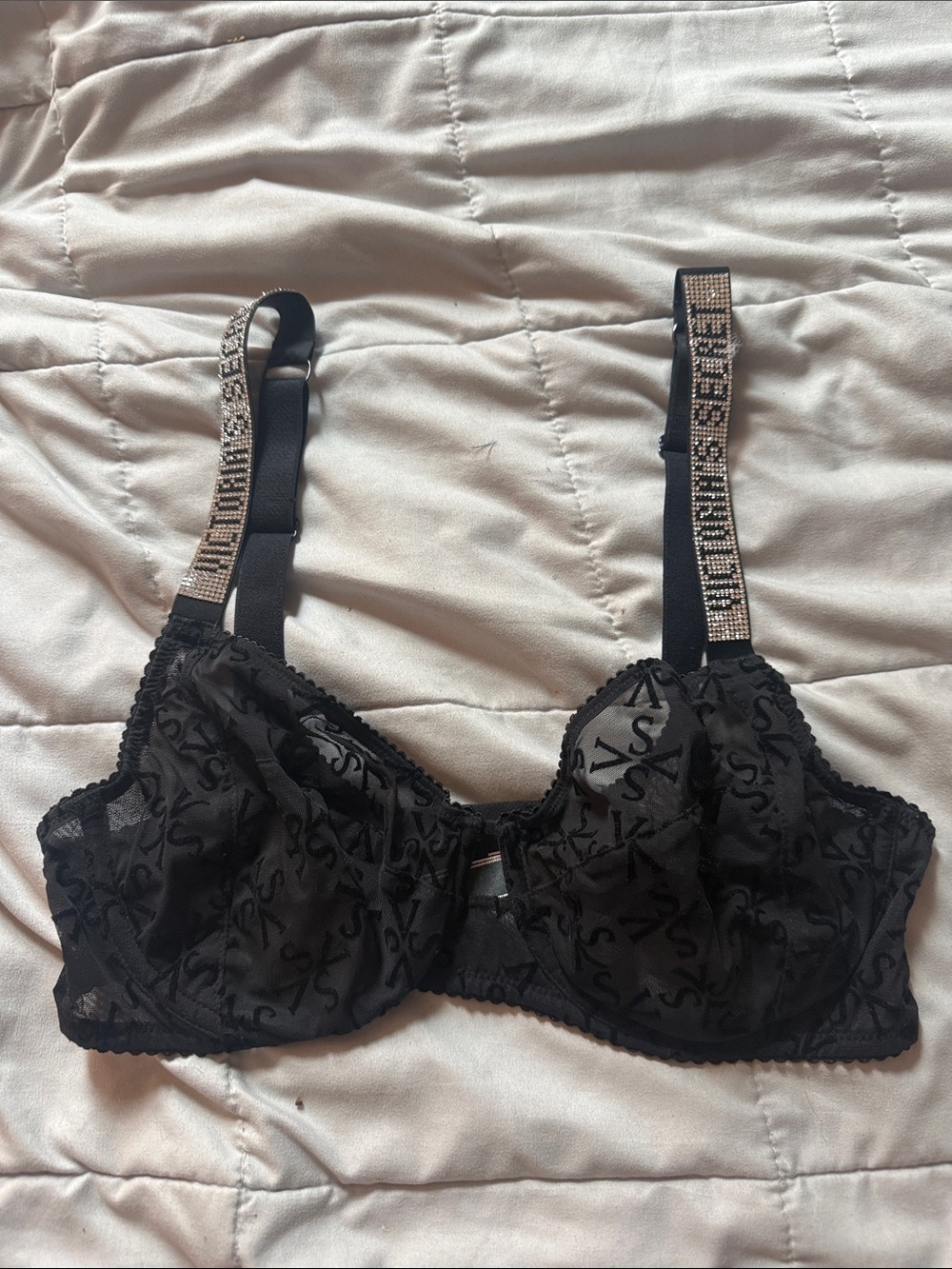 Victoria's Secret Black Sheer Logo Lace Underwire Bra with Embellished Straps